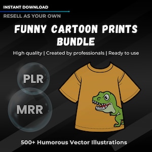 Funny Cartoon Prints Bundle | 500+ Humorous Vector Illustrations | EPS | PLR + MRR | Rebrand, Tee Designs, T-Shirt Cartoon, Kids, Pro