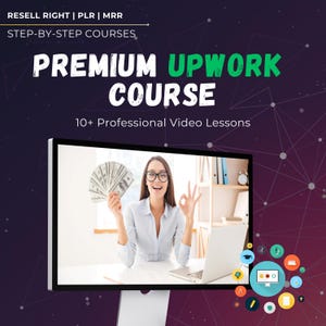 Puede incluir: Una pantalla de ordenador que muestra a una mujer sosteniendo un fajo de dinero y sonriendo. La pantalla está titulada "Premium Upwork Course" con el texto "10+ lecciones de vídeo profesionales".