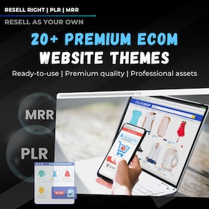 Könnte beinhalten: Ein Laptop-Bildschirm zeigt eine Website mit einer Auswahl an Kleidungsstücken zum Verkauf. Die Website heißt "ONLINESHOP". Eine Hand hält ein Smartphone mit einem Einkaufswagen-Symbol auf dem Bildschirm. Der Text "RESELL RIGHT | PLR | MRR" und "RESELL AS YOUR OWN" wird oben im Bild angezeigt. Der Text "20+ PREMIUM ECOM WEBSITE THEMES" wird in großen blauen Buchstaben angezeigt. Der Text "Ready-to-use | Premium quality | Professional assets" wird unter dem großen Text angezeigt. Die Wörter "MRR" und "PLR" werden in Kreisen auf der linken Seite des Bildes angezeigt.