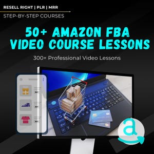 Könnte beinhalten: Ein Computerbildschirm zeigt einen Laptop mit einem Einkaufswagen voller Kartons, einer Kreditkarte und dem Amazon-Logo. Der Text auf dem Bildschirm lautet "50+ AMAZON FBA VIDEO COURSE LESSONS 300+ Professional Video Lessons".