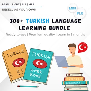 Puede incluir: Ilustración que promociona un paquete de aprendizaje del idioma turco. La imagen presenta dos libros, uno naranja y otro turquesa, con texto en turco y un emblema de la bandera turca. Una persona usa una computadora portátil.