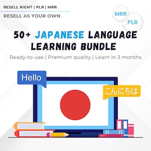 Può includere: Un'immagine che promuove un pacchetto di apprendimento della lingua giapponese. L'immagine presenta un laptop con la bandiera giapponese, fumetti con "Hello" e "こんにちは", e il testo "50+ Japanese Language Learning Bundle".