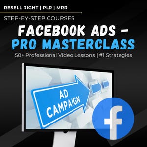 May include: A computer screen displaying a blue sign with the text "AD CAMPAIGN" and an arrow pointing to the right. The screen is on a black background with a white Facebook logo in the lower right corner. The text "FACEBOOK ADS - PRO MASTERCLASS" is displayed above the screen. The text "50+ Professional Video Lessons | #1 Strategies" is displayed below the screen.