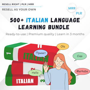 May include: An illustration advertising an Italian language learning bundle. The image shows a stack of books labelled "ITALIAN", a cartoon person, and speech bubbles with greetings in various languages. Text includes "500+ ITALIAN LANGUAGE LEARNING BUNDLE" and "Learn in 3 months".