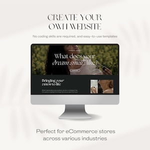 May include: A computer screen displaying a website mockup for an online store. The website features a black and white color scheme with a large image of a woman holding a bottle of perfume. The text on the screen reads "What does your dream smell like?" and "Bringing your vision to life".