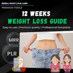 Pode incluir: Um produto digital para perda de peso, intitulado "Guia de perda de peso de 12 semanas". O produto é descrito como fácil de usar, de alta qualidade e inclui modelos profissionais. A imagem mostra uma mulher segurando um par de calças de ganga que são muito grandes para ela, ilustrando os benefícios do produto.