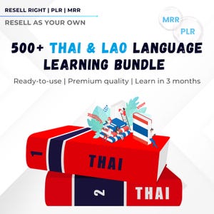 Könnte beinhalten: Werbebild für ein Sprachlernpaket mit dem Text "500+ THAI & LAO LANGUAGE LEARNING BUNDLE". Zwei große rote Bücher mit den Nummern "1" und "2" und dem Wort "THAI" sind gestapelt. Der Text "Ready-to-use | Premium quality | Learn in 3 months" ist ebenfalls enthalten.