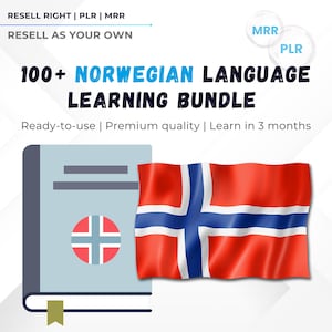 Puede incluir: Imagen que presenta un libro azul claro con una bandera noruega y el texto "100+ NORWEGIAN LANGUAGE LEARNING BUNDLE". La bandera es roja, blanca y azul. También se ve el texto "Ready-to-use | Premium quality | Learn in 3 months".