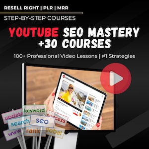 Puede incluir: Una pantalla de computadora que muestra un sitio web con las palabras "Videos Online" y un video titulado "My Travel Adventures". La pantalla está rodeada de letreros coloridos con palabras como "update", "keyword", "search", "seo", "success", "www", "rank" y "global".