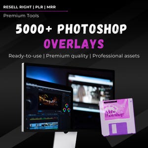 Puede incluir: Un monitor de ordenador que muestra un programa de edición de fotos con un disquete morado con la etiqueta "Adobe Photoshop" en primer plano. El texto en el monitor dice "5000+ superposiciones de Photoshop".