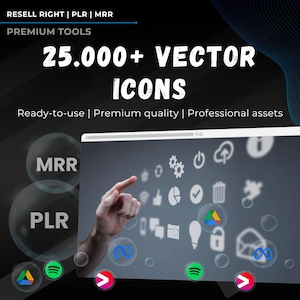 Puede incluir: Una pantalla de ordenador con una mano apuntando a una colección de iconos. Los iconos son de varios colores y formas, y representan diferentes tipos de software y aplicaciones. El texto en la pantalla dice "25.000+ ICONOS VECTORIALES". El texto debajo de la pantalla dice "Listo para usar | Calidad premium | Activos profesionales".