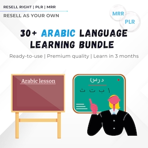 May include: An illustration promoting an Arabic language learning bundle. The image features text that reads "30+ Arabic Language Learning Bundle" and "Ready-to-use | Premium quality | Learn in 3 months." There is a chalkboard with the words "Arabic lesson" and a teacher pointing at a green chalkboard with Arabic letters.