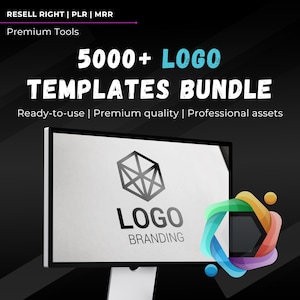 May include: A computer monitor displaying a logo design template with the text "LOGO BRANDING". The monitor is on a black background with a colourful abstract logo design in the foreground. The text "5000+ LOGO TEMPLATES BUNDLE" is displayed above the monitor.