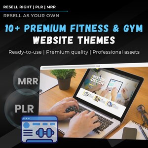 May include: Image promoting fitness and gym website themes. The text reads "10+ PREMIUM FITNESS & GYM WEBSITE THEMES" and "Ready-to-use | Premium quality | Professional assets." A laptop displays a website design, with hands typing on the keyboard.