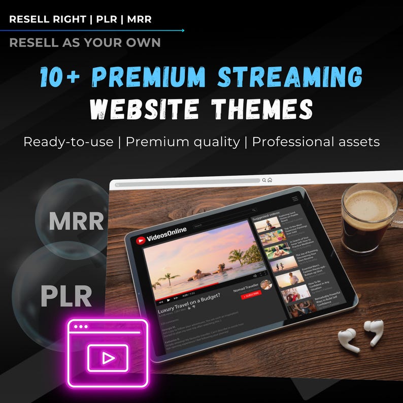 May include: A tablet computer displaying a website theme for a video streaming website. The website is called "VideosOnline" and features a video titled "Luxury Travel on a Budget?" The tablet is on a wooden surface with a cup of coffee and a pair of white earbuds.