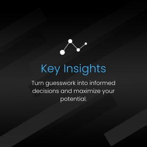 May include: A black and white graphic of a line graph with the text "Key Insights" in blue and the tagline "Turn guesswork into informed decisions and maximize your potential."