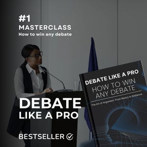 Pode incluir: Imagem de uma mulher em um pódio com um microfone. A imagem inclui o texto "#1 MASTERCLASS How to win any debate" e "DEBATE LIKE A PRO BESTSELLER". Um livro intitulado "DEBATE LIKE A PRO HOW TO WIN ANY DEBATE" também é visível.