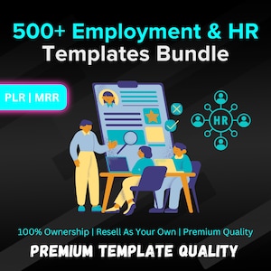 Puede incluir: Ilustración de un grupo de personas trabajando en una computadora con un currículum en la pantalla. El texto "500+ Paquete de Plantillas de Empleo y RR. HH." está en la parte superior de la imagen. El texto "PLR | MRR" está en la esquina inferior izquierda. El texto "100% Propiedad | Revenda como suyo | Calidad Premium" está en el centro inferior de la imagen. El texto "CALIDAD DE PLANTILLA PREMIUM" está en la esquina inferior derecha de la imagen.