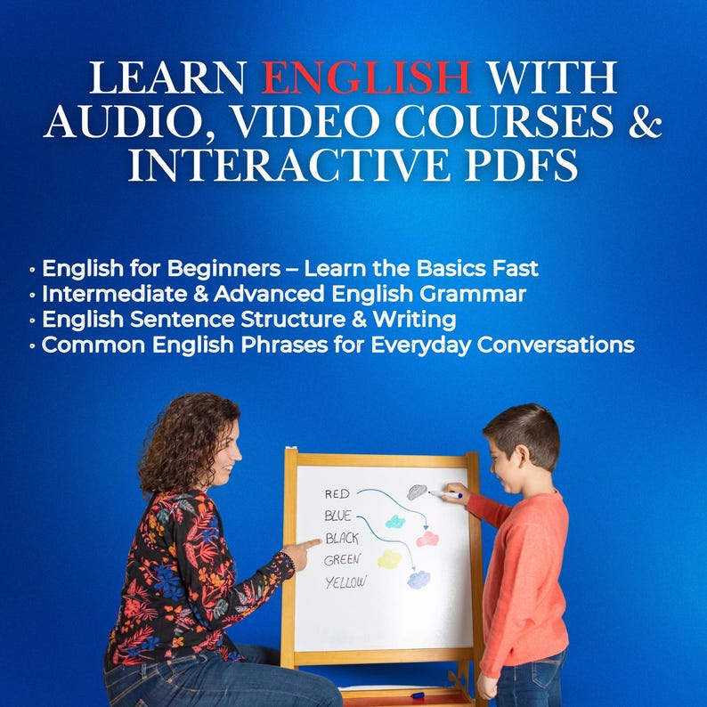 May include: Image promoting English language learning with audio, video courses, and interactive PDFs. The text includes topics like grammar and everyday phrases. A woman and a child are shown near a whiteboard with color-coded notes.