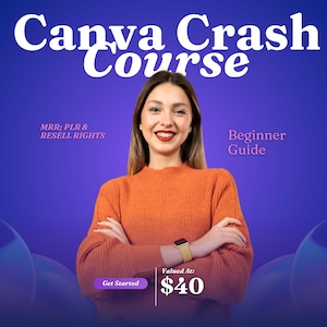 May include: A woman in an orange sweater smiles in front of a purple background. The text "Canva Crash Course" is at the top. Additional text includes "MRR; PLR & RESELL RIGHTS", "Beginner Guide", "Get Started", and "Valued At: $40".