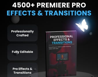 Puede incluir: Una portada de libro con un fondo rojo y una cámara en ella. El título es "Professional Effects & Transitions". El texto "Everything you need to create stunning videos with ease." está debajo del título. Hay tres botones debajo de la portada del libro que dicen "Professionally Crafted", "Fully Editable", y "Pro Effects & Transitions".