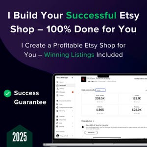 Peut inclure: Un écran d'ordinateur portable affichant un site Web avec le texte "ResellAcademy" et des statistiques pour une boutique Etsy. Les statistiques montrent 238,5 k vues au total, 123,1 k visites, 4 865 commandes et 22,9 k £ de revenus. Le texte "I Build Your Successful Etsy Shop - 100% Done for You" est affiché sur un fond vert.