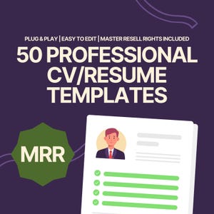 Può includere: Una grafica con uno sfondo viola e una stella verde con il testo "MRR" al suo interno. La grafica include anche un modello di curriculum vitae bianco con un'illustrazione di un uomo in abito e cravatta. Il testo "50 MODELLI DI CV/CURRICULUM PROFESSIONALI" è in grandi lettere bianche nella parte superiore della grafica.