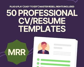50 Professional CV/Resume Templates – Plug & Play | Easy to Edit | Master Resell Rights Included, MRR CV, Pro Resume, Plr Resumes