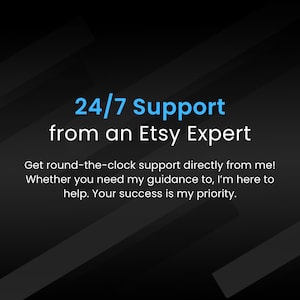 May include: Text on a black background with diagonal gray stripes reads "24/7 Support from an Etsy Expert". Below the text is a description: "Get round-the-clock support directly from me! Whether you need my guidance to, I'm here to help. Your success is my priority."