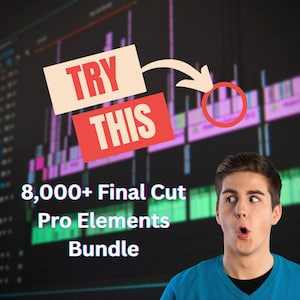 Peut inclure: Un homme a l'air surpris devant un écran d'ordinateur avec le texte "TRY THIS" et "8,000+ Final Cut Pro Elements Bundle" dessus.