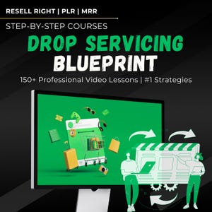 Op de afbeelding: Een computerscherm met een groene achtergrond waarop een cartoonillustratie van een dropshippingbedrijf te zien is. De illustratie toont een persoon die een laptop gebruikt om bestellingen te beheren en een andere persoon die dozen inpakt. De tekst op het scherm luidt "Drop Servicing Blueprint 150+ Professional Video Lessons | #1 Strategies".