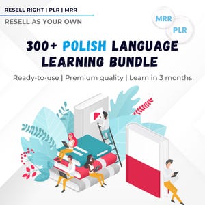 Op de afbeelding: Een illustratie die een Poolse taalleerbundel promoot. De afbeelding toont stapels boeken, mensen die laptops gebruiken en de tekst "300+ Polish Language Learning Bundle". De tekst bevat ook "Ready-to-use | Premium quality | Learn in 3 months".