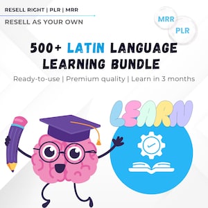 May include: An image promoting a Latin language learning bundle. The text reads "500+ Latin Language Learning Bundle." A cartoon brain wearing a graduation cap and glasses holds a pencil. A blue circle with a gear and book graphic is also present.