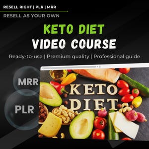 Könnte beinhalten: Ein digitales Produkt zum Verkauf, ein Videokurs über die Keto-Diät. Das Bild zeigt eine Auswahl an keto-freundlichen Lebensmitteln, darunter Avocado, Käse, Nüsse und Gemüse. Der Text "KETO DIET VIDEO COURSE" ist in großen, fetten Buchstaben dargestellt.