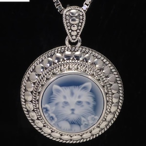 Silver Cat Cameo Pendant Necklace  ~ Blue Agate ~ Cat Cameo Jewelry
