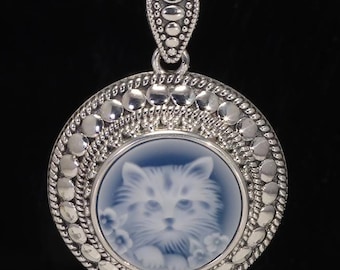 Collana Cameo Gatto Fatto A Mano - Crema/Nero - Pendente Qualità USA