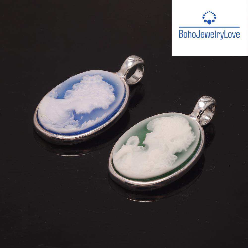 Sterling Silver Blue Agate Cameo Pendant Necklace | Vintage Style