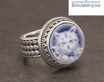 Sterling Silver Cat Cameo Ring: Blue Agate, Adjustable Size 5-9