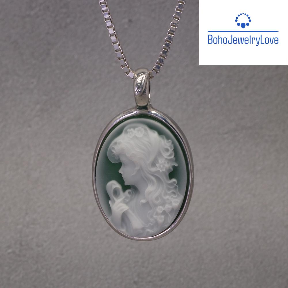 Sterling Silver Blue Agate Cameo Pendant Necklace | Vintage Style