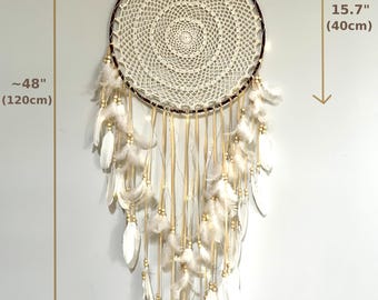 Large Lighted Dreamcatcher – 48" Crochet Feather Boho Wall Decor