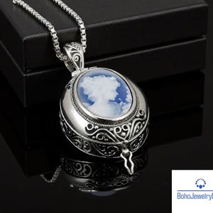 Op de afbeelding: Een zilverkleurige ovale hangerketting met een camee-ontwerp. De camee toont een wit profiel tegen een blauwe achtergrond. De hanger is bevestigd aan een zilveren ketting en rust op een zwarte doos.