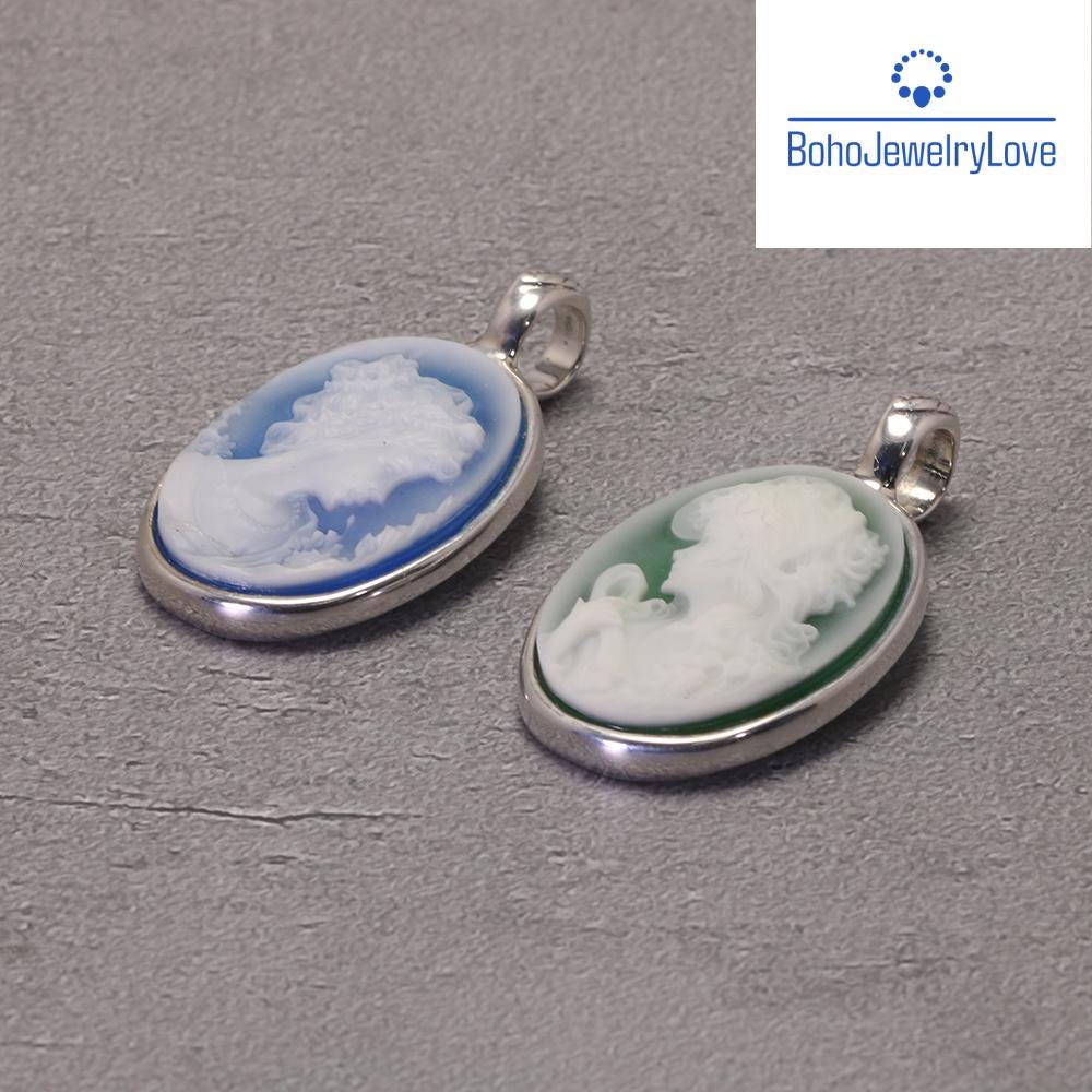 Sterling Silver Blue Agate Cameo Pendant Necklace | Vintage Style
