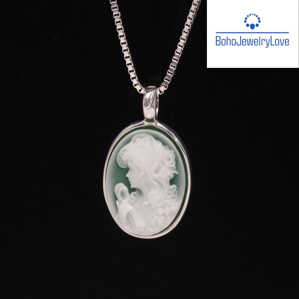 Sterling Silver Blue Agate Cameo Pendant Necklace | Vintage Style