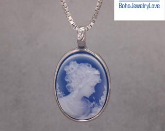 Sterling Silver Blue Agate Cameo Pendant Necklace | Vintage Style Oval Jewelry