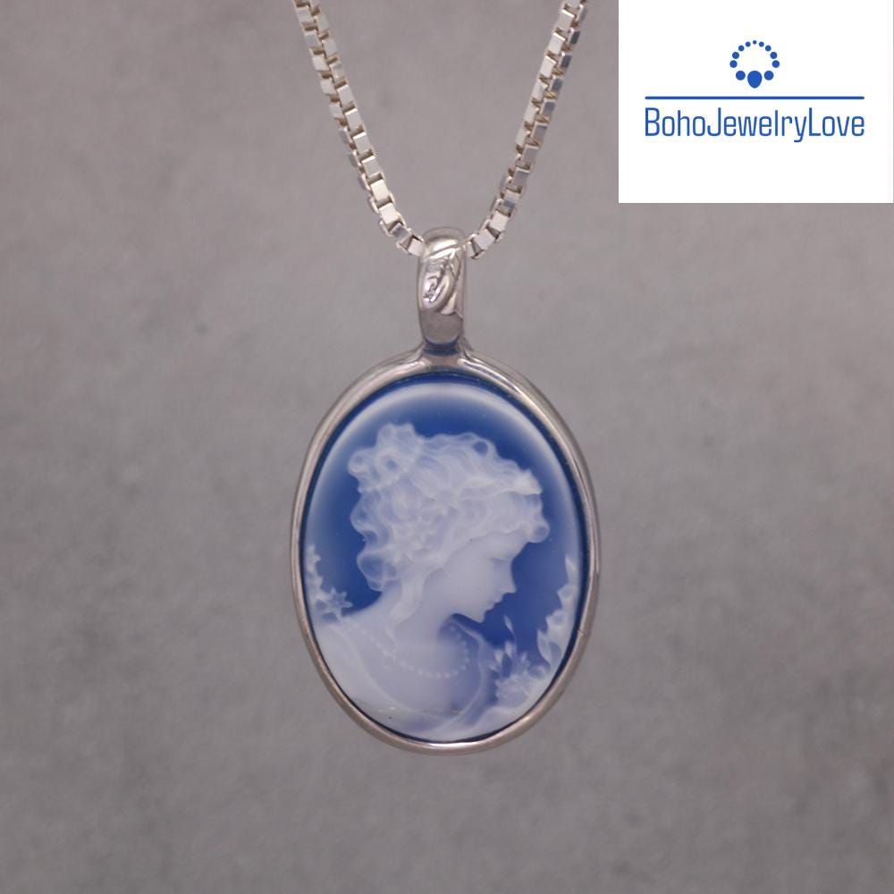 Sterling Silver Blue Agate Cameo Pendant Necklace | Vintage Style