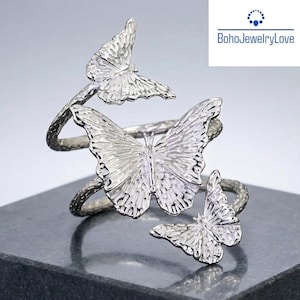925 Sterling Silver Triple Butterfly Ring, Adjustable Statement Ring for Women, Nature Inspired Jewelry, Gift for Her