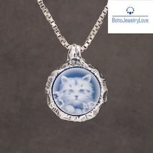 Cat Cameo Pendant Necklace Sterling Silver ~ Blue Agate & White Shell ~ Cat Cameo Jewelry