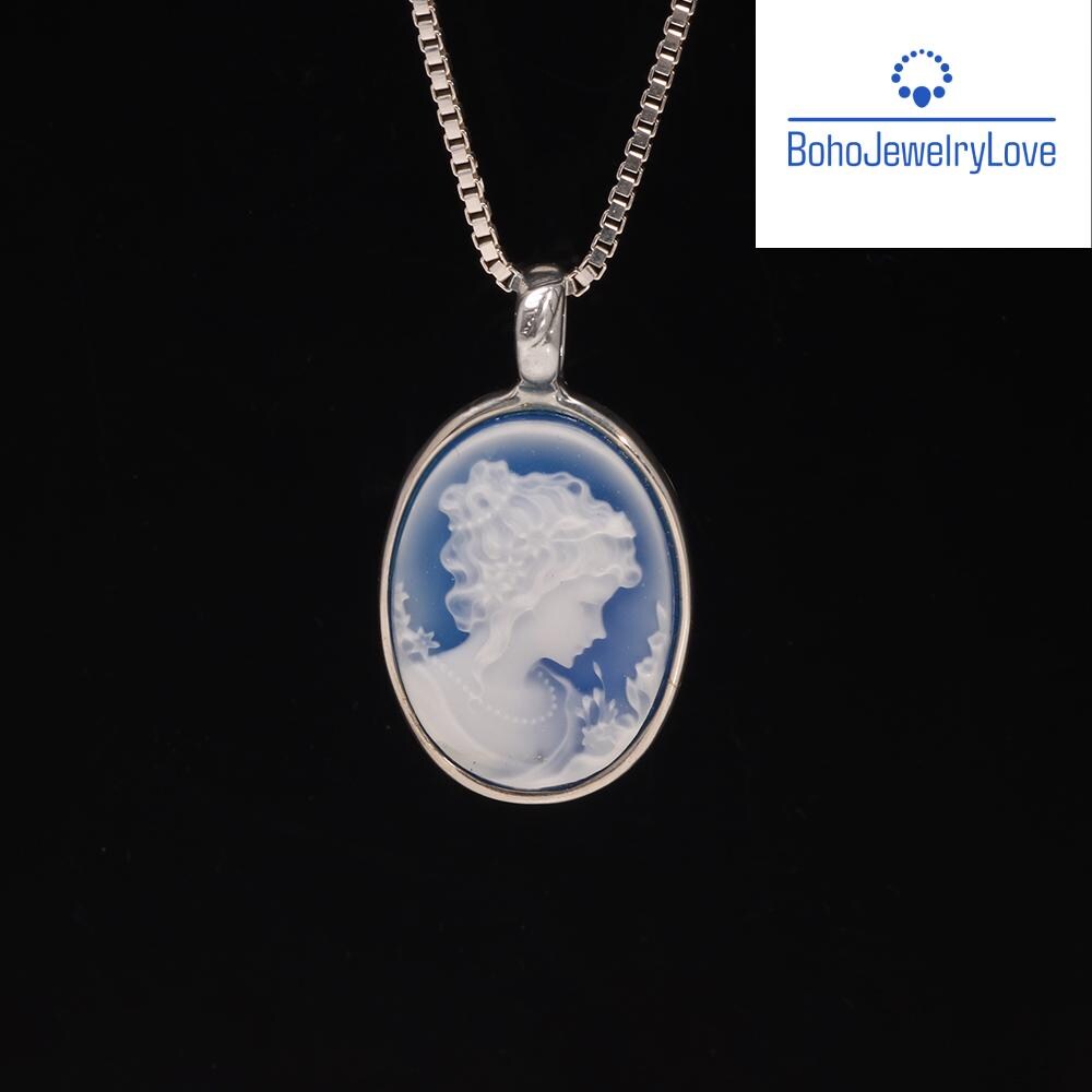 Sterling Silver Blue Agate Cameo Pendant Necklace | Vintage Style