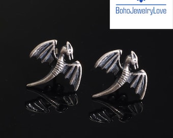 Sterling Silver Dragon Stud Earrings • Gothic Fantasy Jewelry • Small Winged Dragon Posts