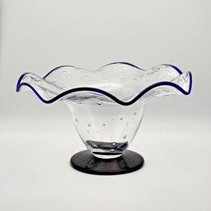 Vintage Hand Blown Art Glass Bowl Wavy Rim, Blue Clear